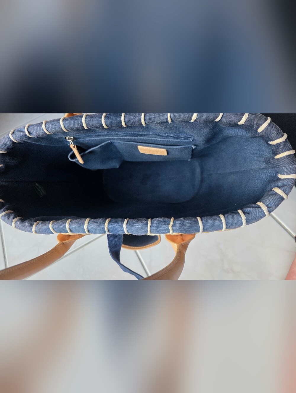Lauren Ralph Lauren Straw Basket Tote Navy Canvas Leather Trim Coastal Beach Bag - Picture 10 of 14